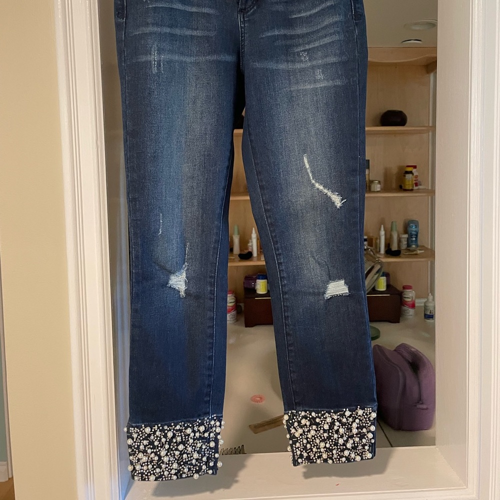 Bebe Bling Cuff Crop Jeans in Blue COLOR:   dark wash